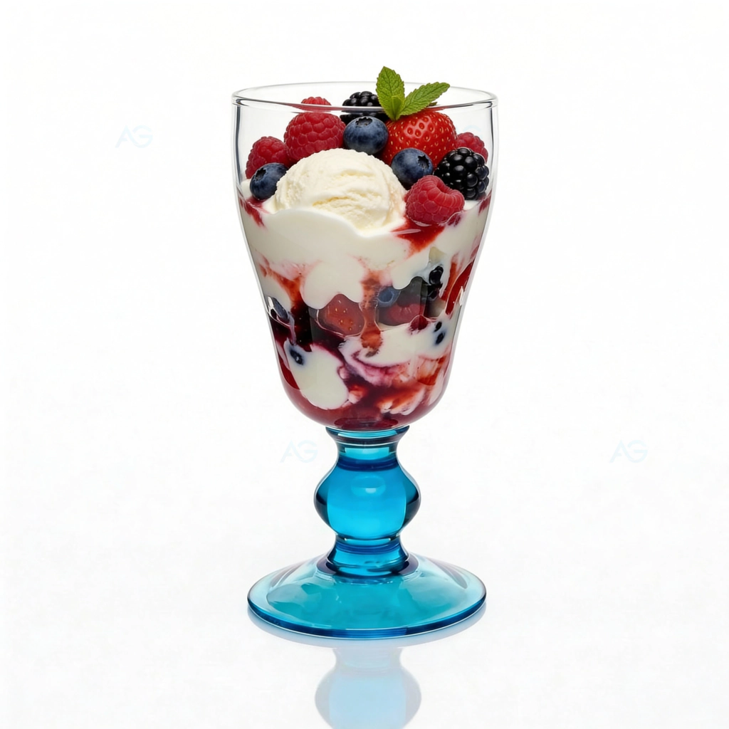 Glas-Eisbecher mit Beeren und Vanilleeis Eisbecher aus Glas mit Vanilleeis, Beeren und Fruchtsauce auf weißem Hintergrund.