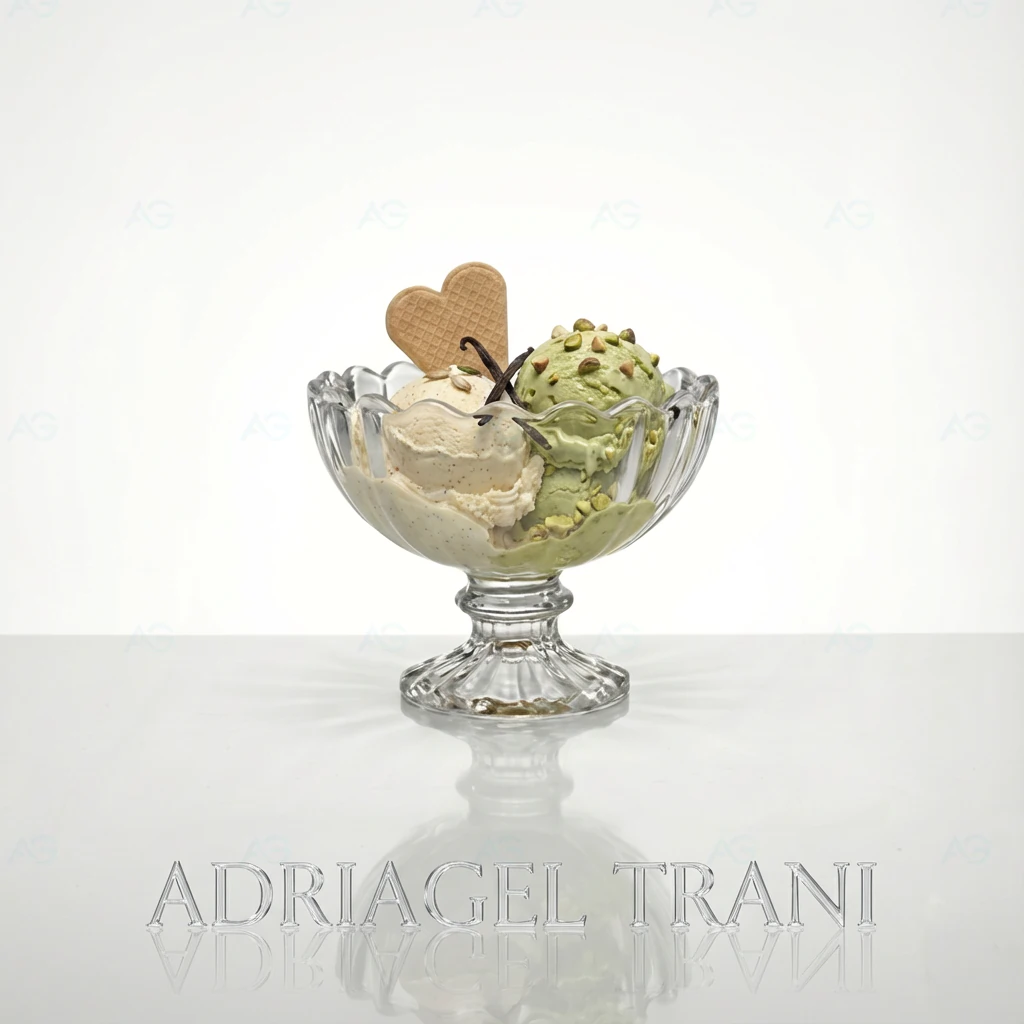 Premium Mini-Eisglas Trani 120ml kristallklar mit Vintage-Rillen-Struktur von ADRIAGEL® - perfekt als Kinderbecher oder für Fine-Dining Amuse-Bouche mit Vanille- und Pistazieneis