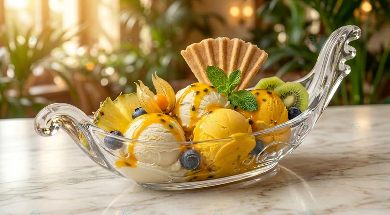 Das vielseitige Spaghettieisglas "Gondola Venezia" aus gehärtetem Glas Exotischer Eisbecher mit Maracuja, Ananas und Kiwi in transparentem Gondola Venezia Spaghettieisglas mit Wellenmuster