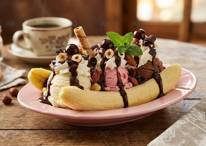 Bananensplit angerichtet auf grünem Porzellan Barchetta-Teller in Football-Form