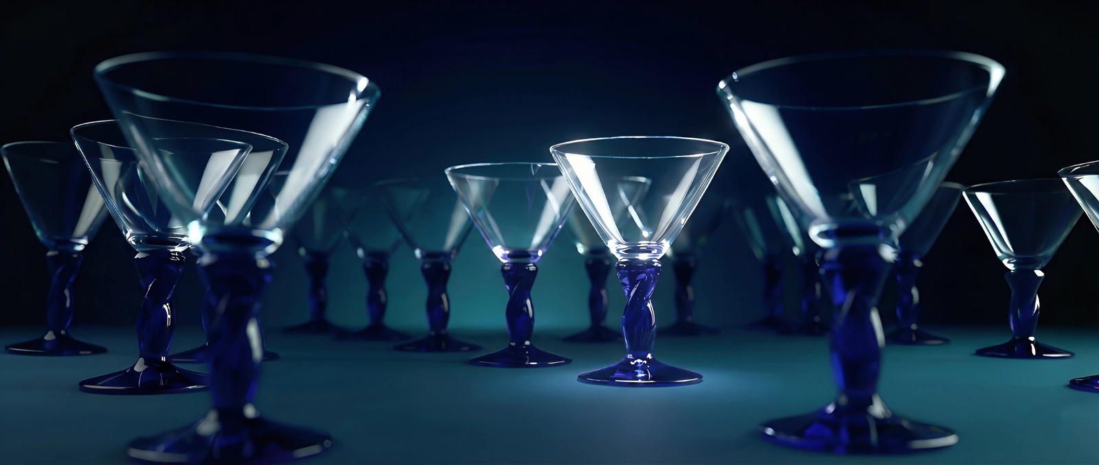 ADRIAGEL® Kobaltblau Kollektion – Mundgeblasene Eisgläser mit elegantem kobaltblauem Stiel in dramatischer Lichtstimmung