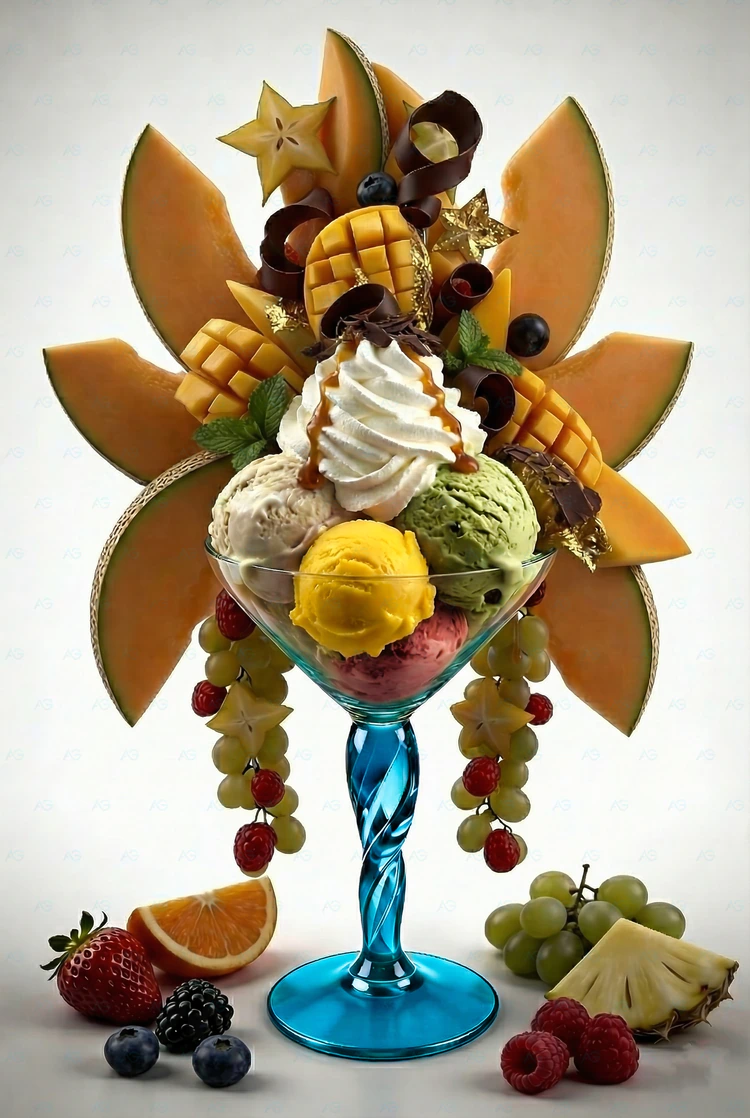 Premium XXL-Eisglas Lecce türkisblau 500ml Premium XXL-Eisglas Lecce türkisblau 500ml im 6er-Set von ADRIAGEL® - absoluter Breiten-Rekordhalter mit 165mm Durchmesser, präsentiert mit spektakulärer Melonen-Fächer und Trauben-Dekoration für horizontale XXL-Fruchtbecher-Revolution