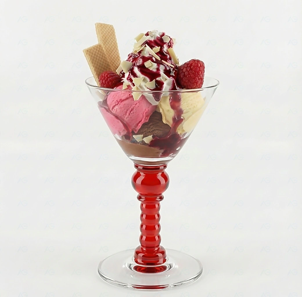 Premium Eisglas Paterno Sunset Red 175mm von ADRIAGEL® - das höchste Stielglas im Portfolio mit gerilltem Stiel und warmer Farbgebung, präsentiert mit Erdbeer-Vanille-Kreation